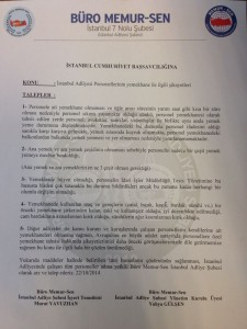 Personellerimizin yemekhanedeki sıkıntılarına duyarsız kalmayan sendikamızdan bir kazanım daha.... İstanbul Cumhuriyet Başsavcılığına 22/10/2014 tarihli yapılan yazılı yemekhane ile ilgili talep ve şikayet konulu talebimiz sonuç bulmuş ve bugün (11/11/2014) tarihi itibari ile Adliyemizde mevcut 1 kat yemekhanesi sadece adliye personeline hizmet verecektir.  Bilgilerinize saygı ile sunarız. Büro Memur-Sen İstanbul Adliyesi Şubesi 